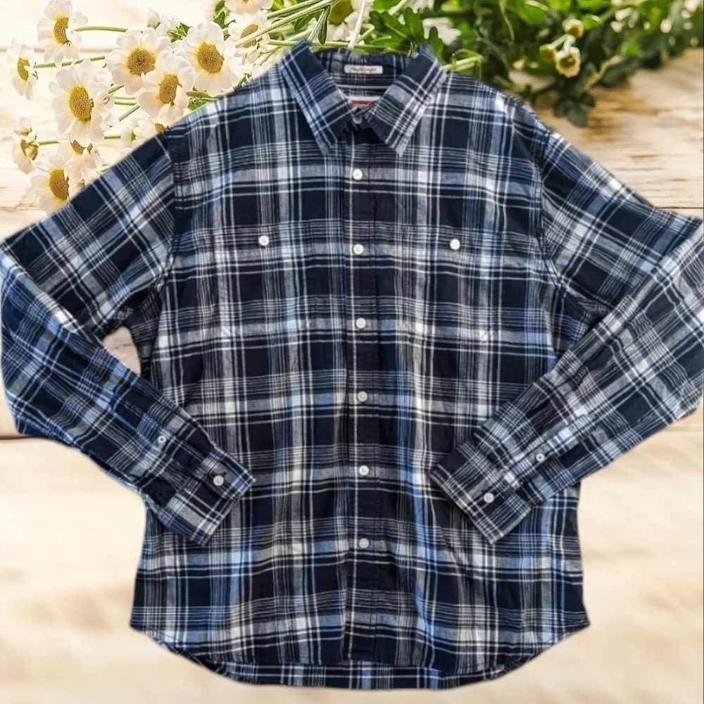 WRANGLER Flex For Comfort Long Sleeve Shirt Navy White Plaid Button Down Sz Med